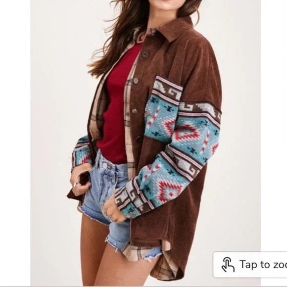 La Miel brown corduroy Western Aztec print shacket - Picture 2 of 7
